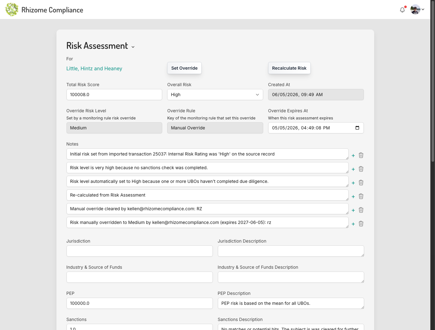 Risk Assessment detail page showing the Set Override button, Overall Risk level, and Override fields