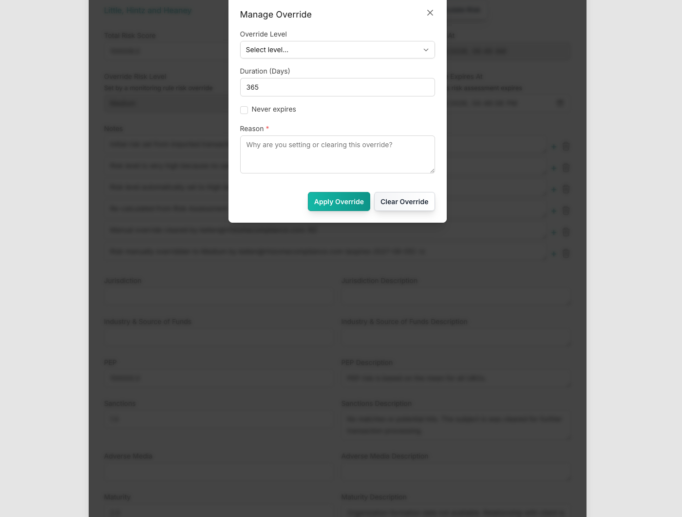 Override modal with level selector, duration input, never expires checkbox, and reason textarea