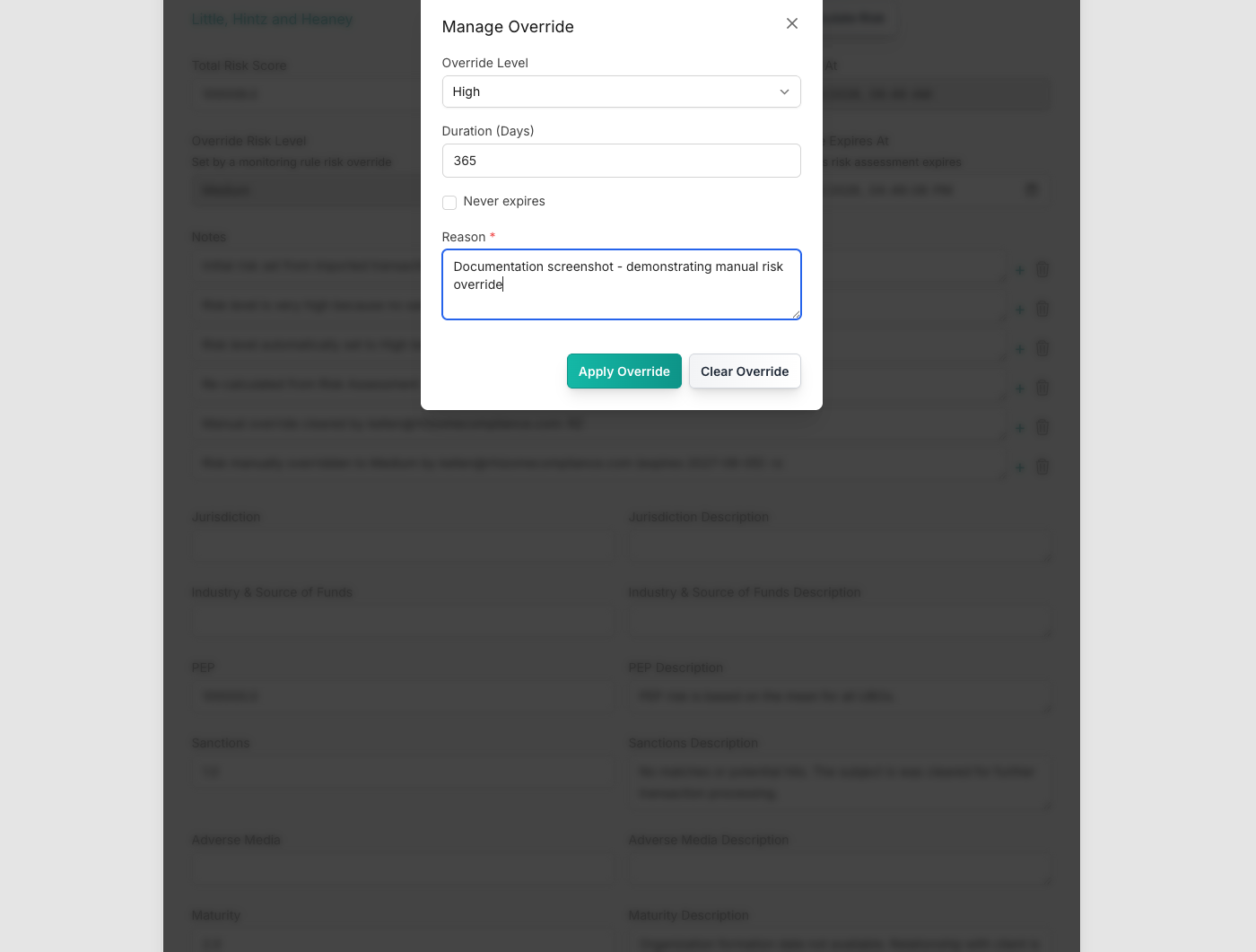 Override modal with High level selected, reason filled in, and Apply Override / Clear Override buttons
