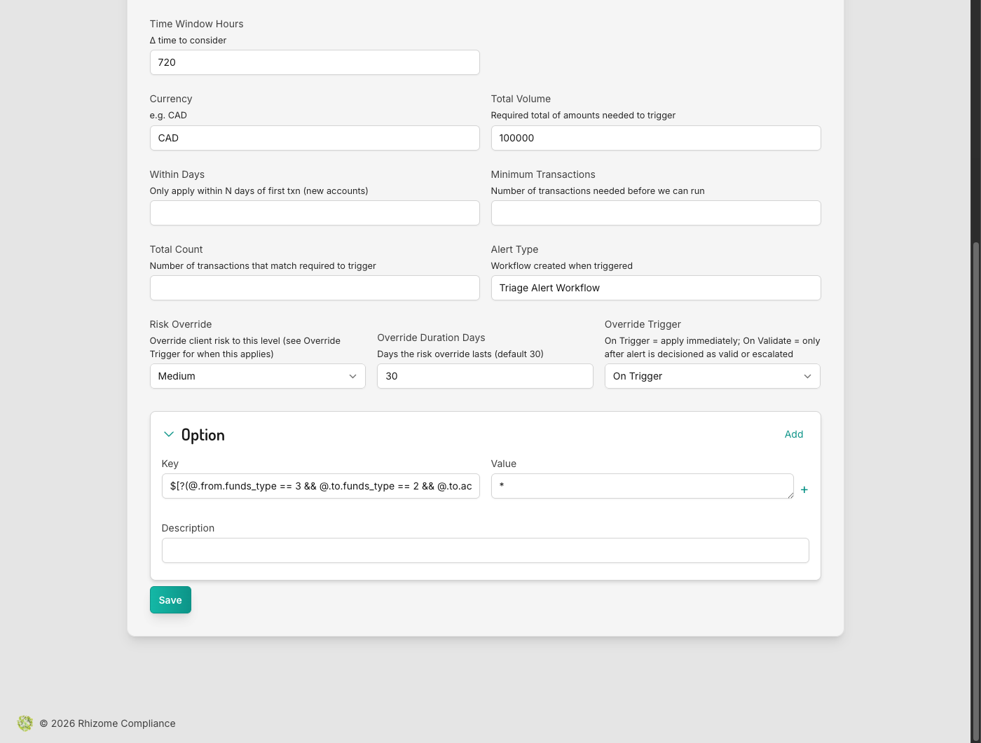 Monitoring Rule detail page showing Risk Override, Override Duration Days, and Override Trigger fields