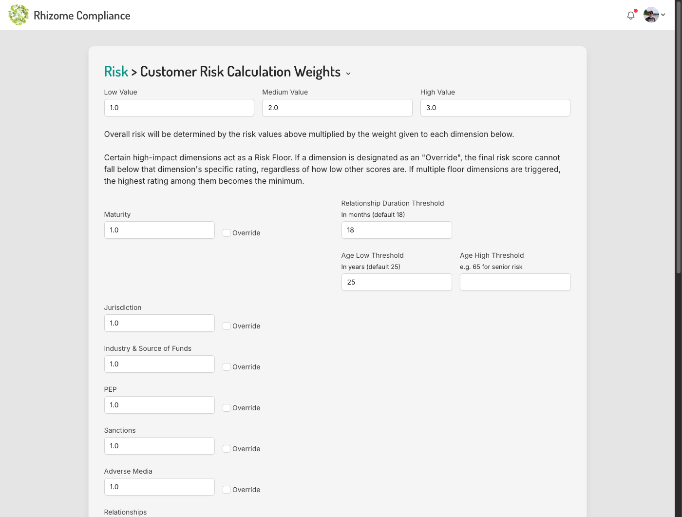 Customer Risk Calculation Weights showing override floor checkboxes for each dimension